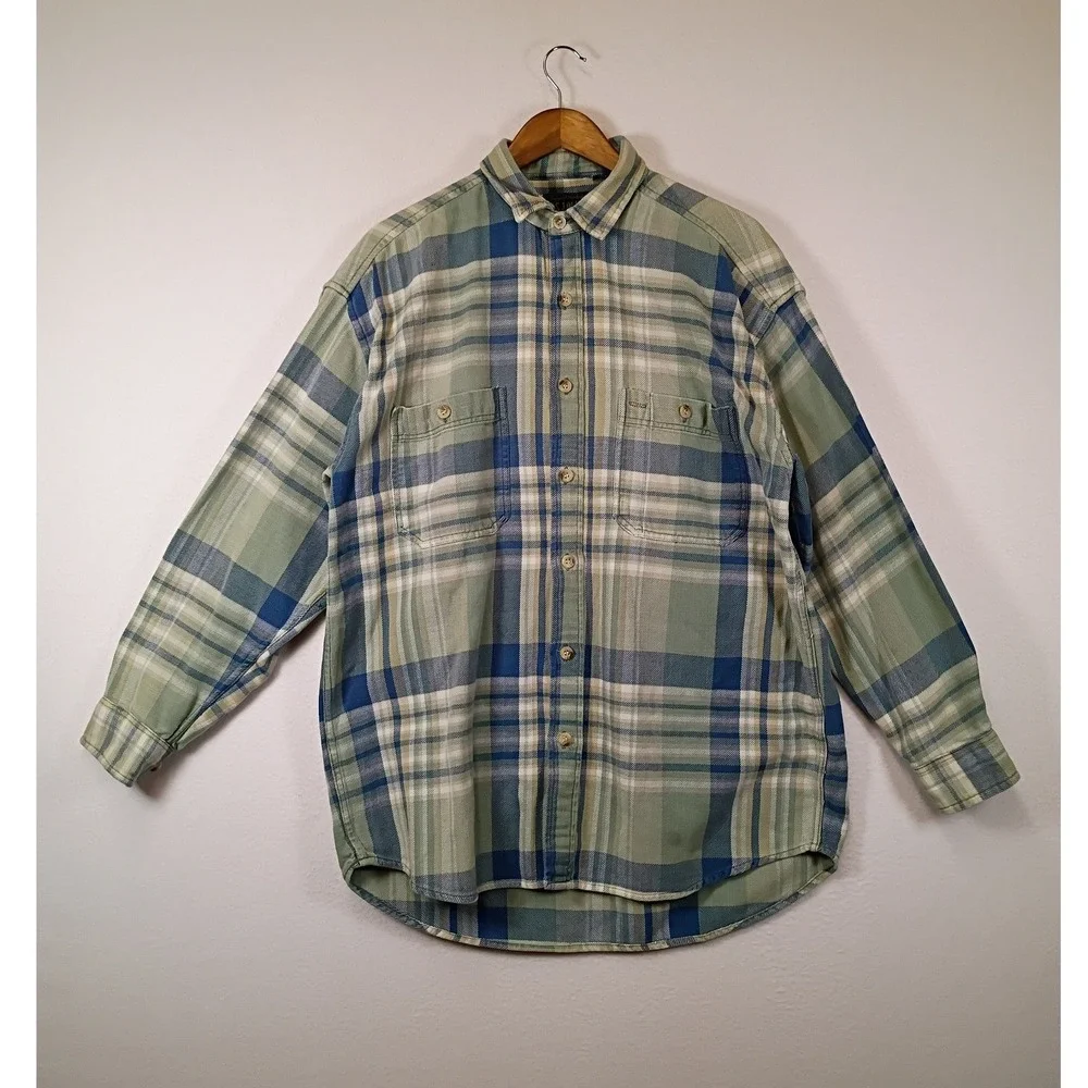 Rustic Grunge Jos J Oliver Mens XL Green Blue Plaid Cotton Flannel Button Shirt